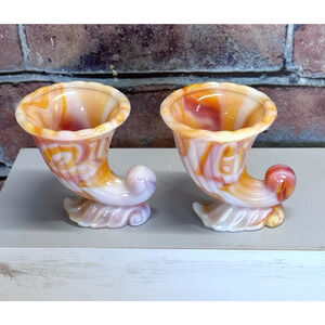 Set of 2 Vintage NYC Vogue Orange White Slag Glass Cornucopia Toothpick Holders